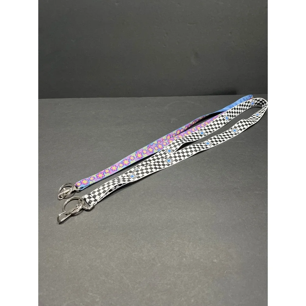Set of 2 Lanyards Checkered Star and Floral Smiley Face Blue Pink Black White